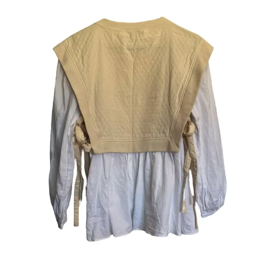 Zara Quilted Vest Layered Top White Flowy Blouse Cream Overlay Side Ties Office